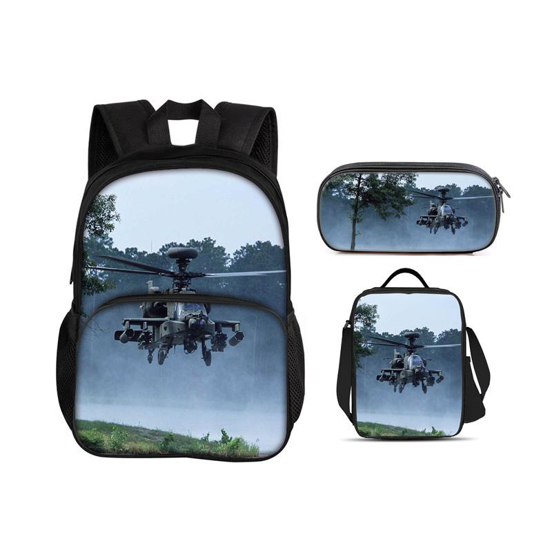 Helicopter Round Front Bag Backpack, Pencil Case, Ice Pack, 3Pcs Set, Mechanical Printing Best Gift for Boys and Girls In School