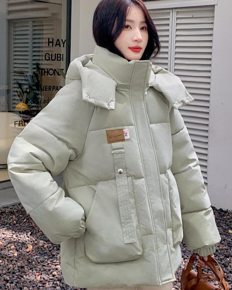 Korean Style Loose Down Cotton Jacket for Women with Designer Green Color and Hooded