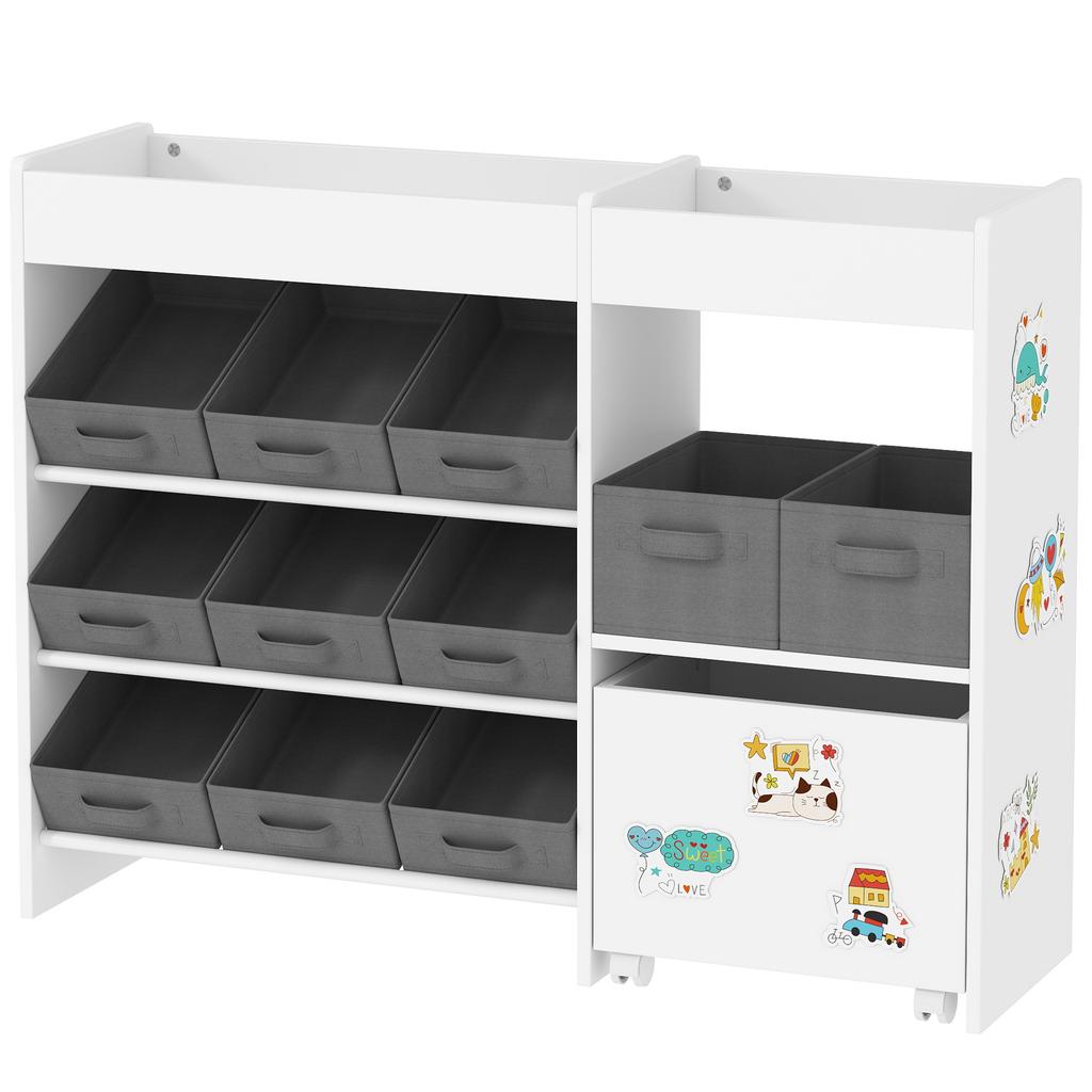 Kids Toy Storage Unit with 11 Bins, Cabinet, Top Shelves, 3 Stickers, for Nursery, Playroom, White