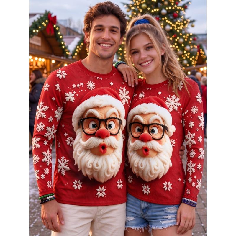 Unisex Couple Long Sleeve Ugly Christmas Tshirts 3D Print Blue Reindeer Snowflake Round Neck Holiday Casual Tops Men Clothing