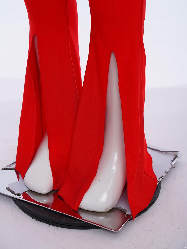 Girls Jazz Dance Jumpsuit: Mock Neck Long Sleeve with Cutout Back & Invisible Zipper, Sheer Mesh Sequins Bodice & Split Bell-Bottoms