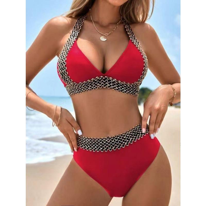 Women Solid Color Tight High Waisted Two Piece Sexy Bikini Swimsuit