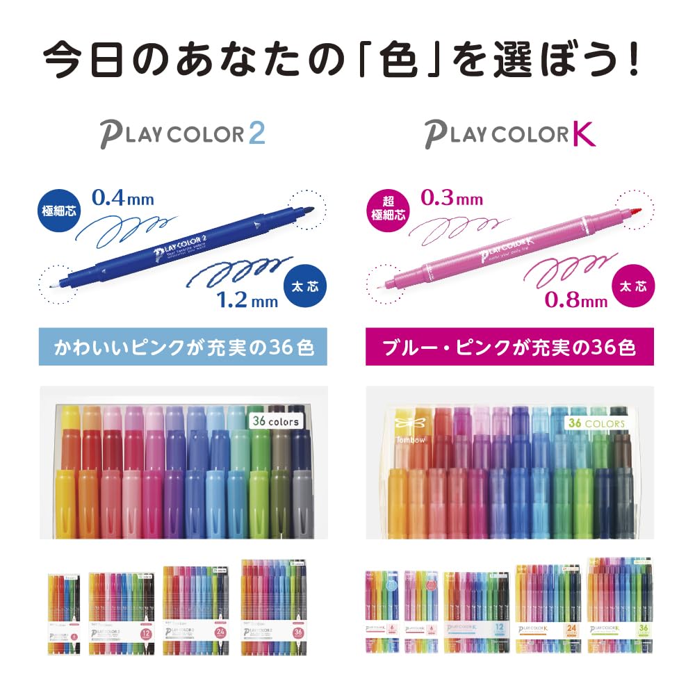 Tombow Sign 12 Colors Thick Thin Twin Play Color 2 Water-Based Pens, (1.2mm & 0.4mm Type), GCB-011