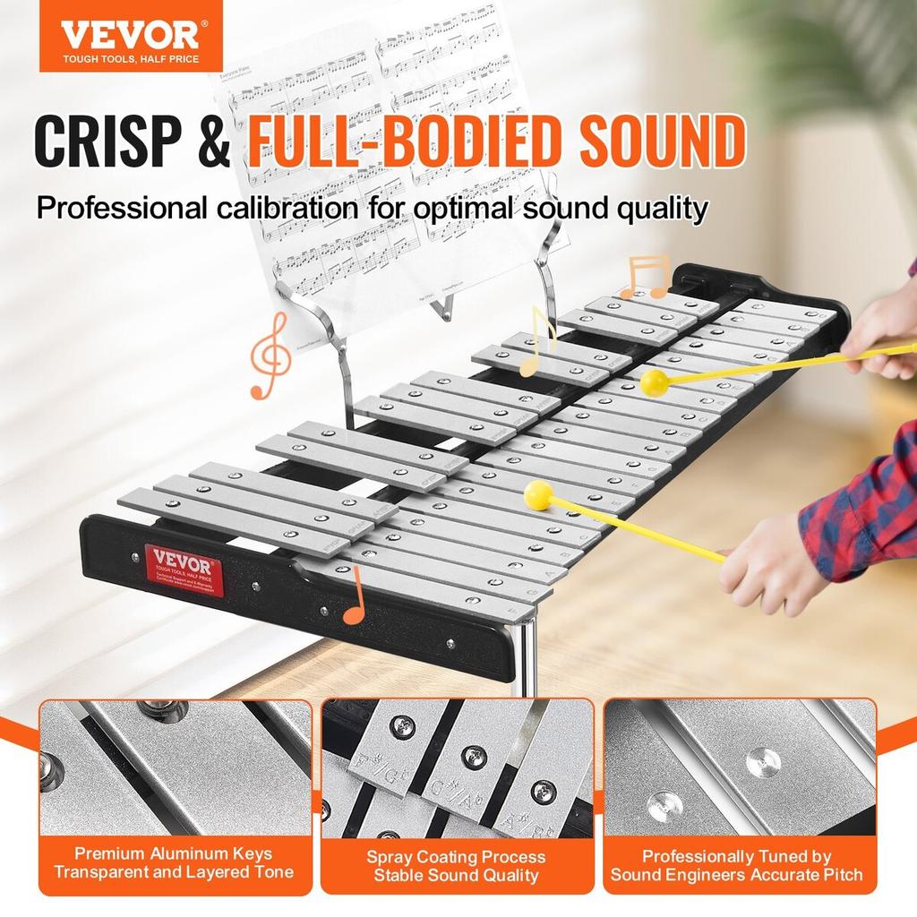 32 Note Glockenspiel Xylophone Bell Kit with Mallets, Stand & Practice Pad