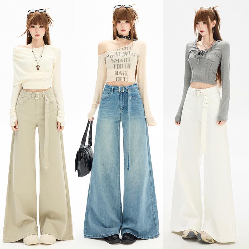 Women's High-Waisted Retro Wide-Leg Jeans, Spring/Autumn Style, Elastic, Loose Fit