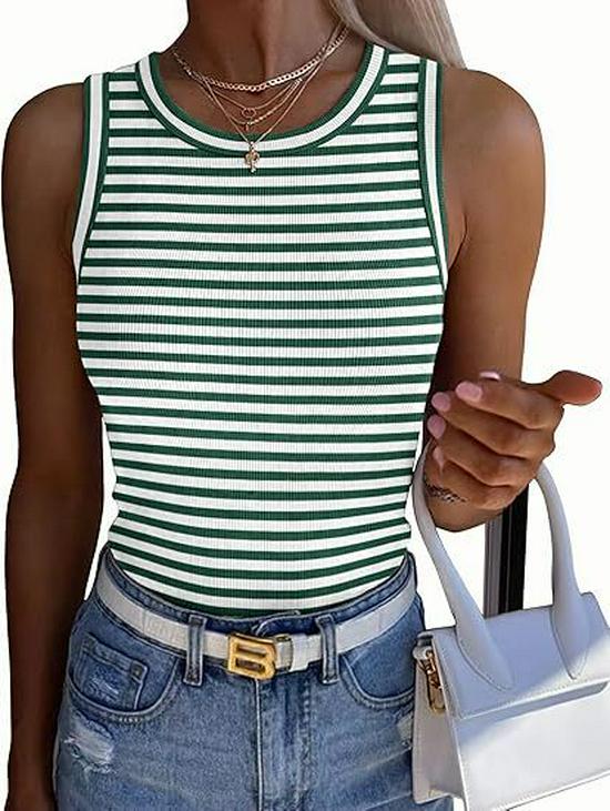 2026 Women s Sleeveless Round Neck Ribbed Vest - Summer Casual Basic Top XXL зелёный