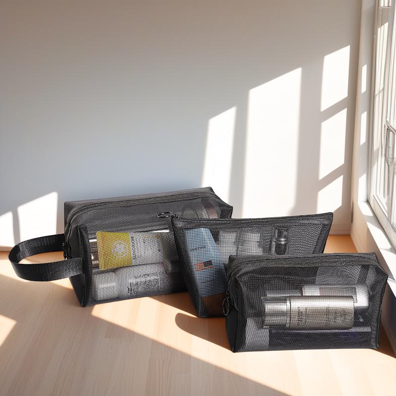 Thick Black Nylon Mesh Makeup Bag: Portable Women's Skincare and Lipstick Organizer