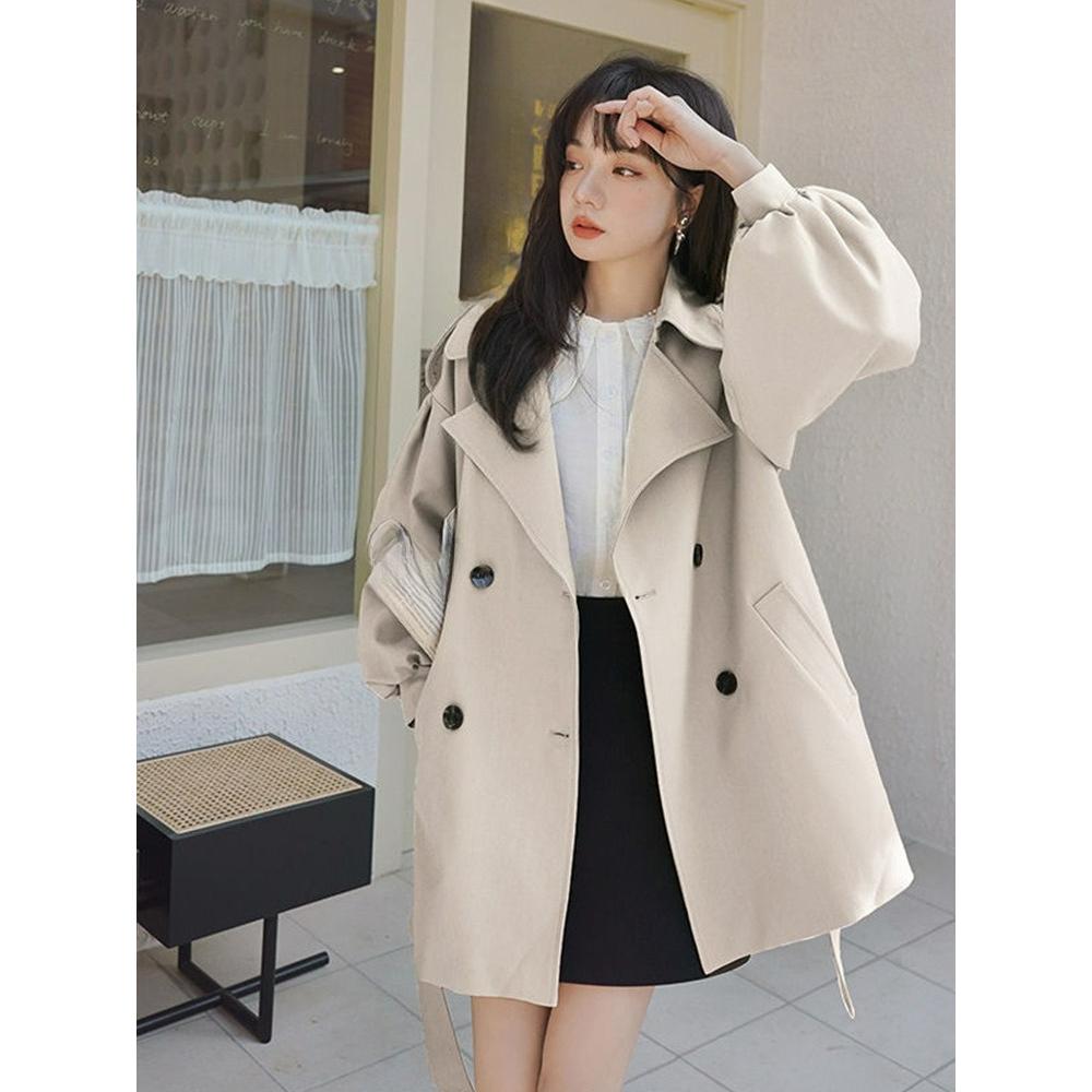 Coffee Color Short Windbreaker Jacket Women's Loose Spring and Autumn Small Lantern Sleeve Coat