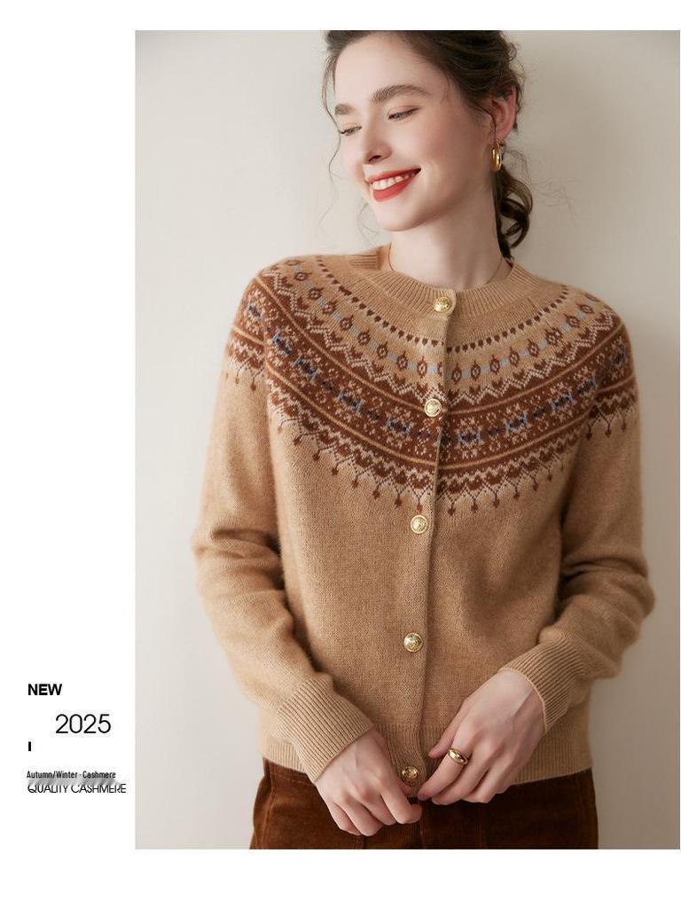 Women's Retro Fair Isle Cashmere Cardigan - Soft Long Sleeve Wool Sweater with Round Neck