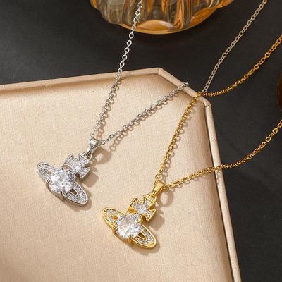 Empress Saturn Shiny Diamond-Inlaid Titanium Necklace for Women - Light Luxury Clavicle Chain