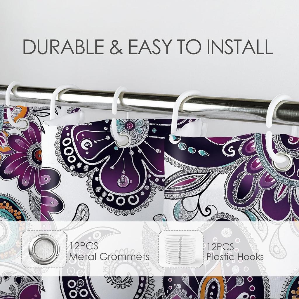Bohemian Paisley Floral Shower Curtain Purple And Black Flower Pattern Boho Bathroom Shower Curtain Retro Abstract Bathroom