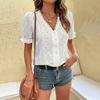 2026 Summer New Women's V-neck Lace Blouse White Hollowed Out Commuting Pullover Shirt