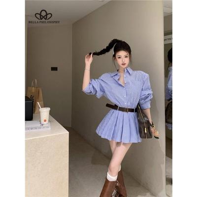 Lace Composite Blue Check Shirt Dress Casual Style Long Dress Women's High Quality Dress Vacation Style Dress