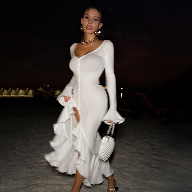 

Autumn New Ruffle Edge Solid Color Long-sleeved Long Dress Sexy Slim Collar Flared Sleeve Dress L білий