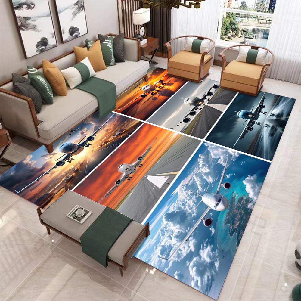 Large Airplane Taxiing on Runway Carpet with Orange Yellow Sky Living Room Area Rug Match Light Gray  Home Decoration Ma