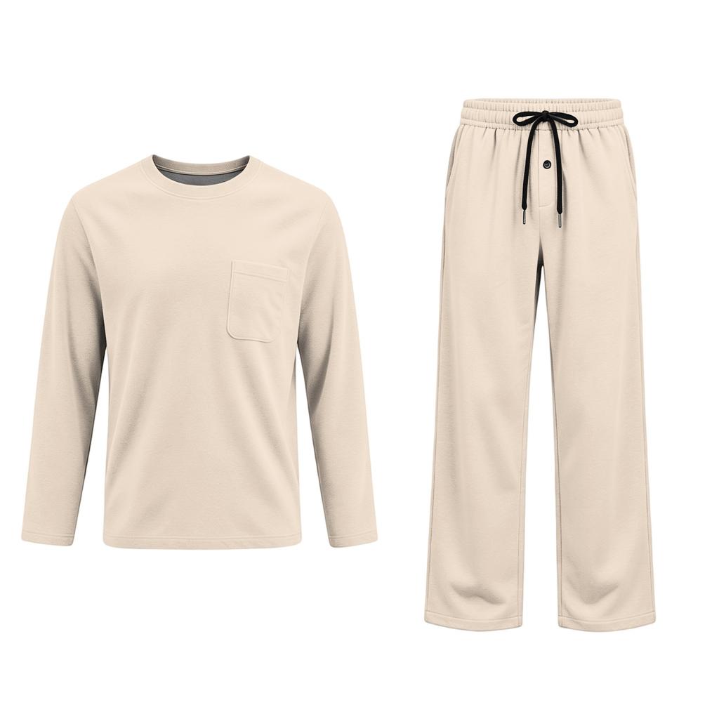 Men's Long Sleeve Pajama Set with Button Fly and Elastic Drawstring Waist for Sleep and