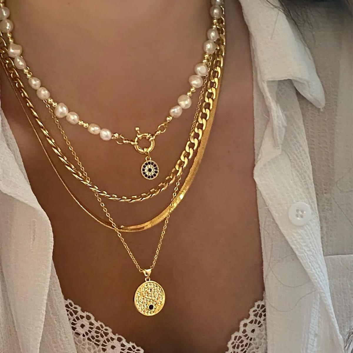 

European and American round tag necklace trendy devil s eye multi-layer stacking cold hip hop style collarbone chain