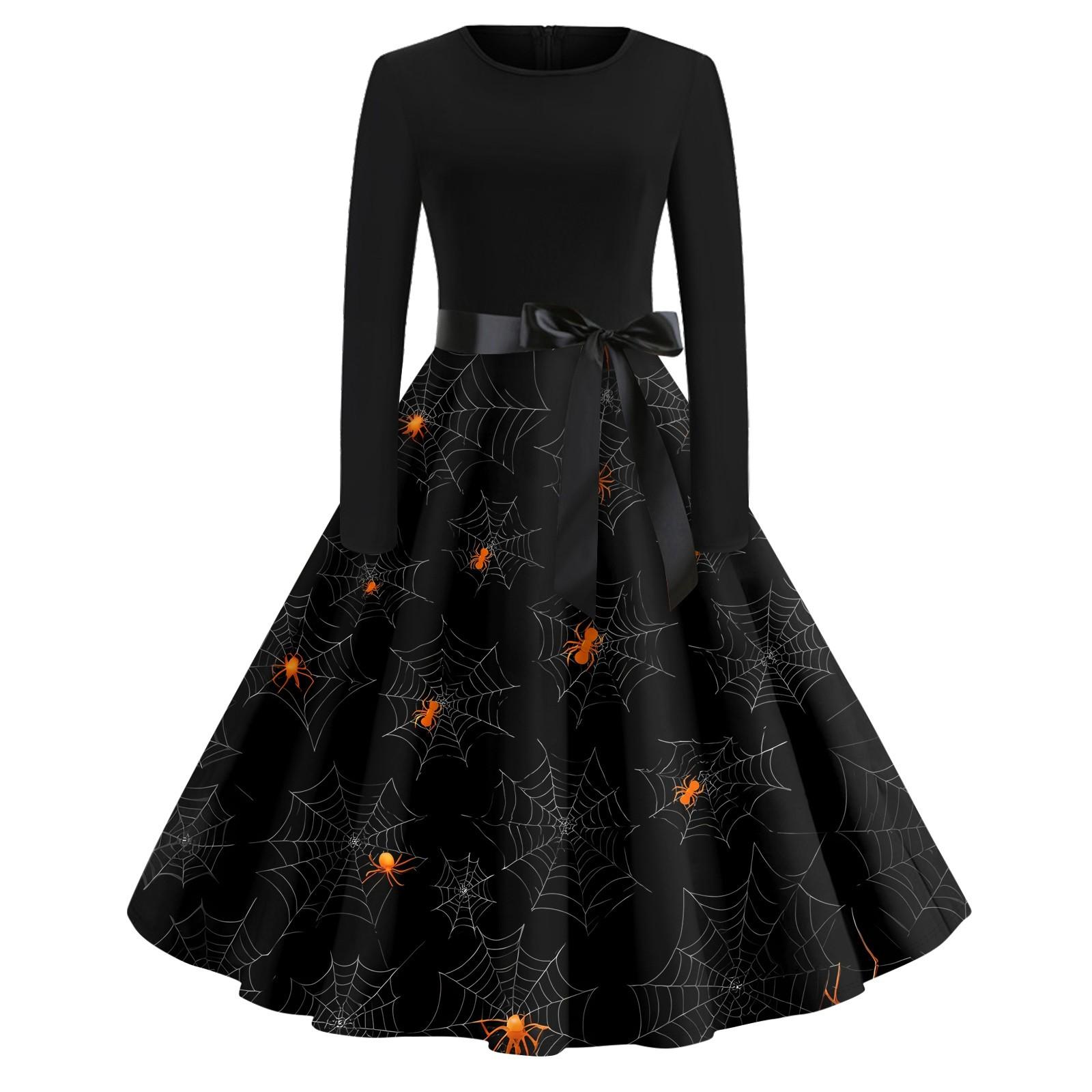 

Платье-клеш с принтом на Хэллоуин для женщин с длинным рукавом, повседневные платья с круглым вырезом и ажурной отделкой XL чёрный