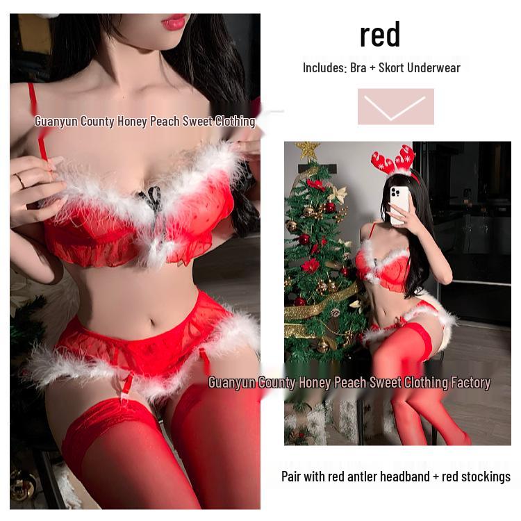 Sexy Fishnet See-Through Lingerie with Garter Belt & Fluffy Christmas Role-Play Bikini