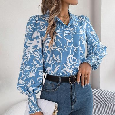 Camisa feminina lapela lanterna manga comprida punhos elásticos tops casuais camisa com estampa de flores de peito único streetwear
