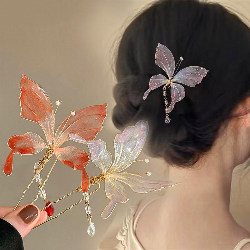 1 szt. Elegancka spinka do włosów w kształcie motyla w stylu Hanfu, retro, płynący dodatek do włosów, starożytna wróżka, retro spinka do włosów, antyczna