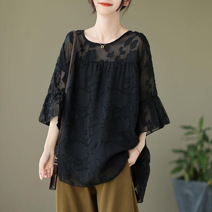 Elegantní plus size topy s krátkým rukávem ze síťoviny dámská letní volná tenká trička