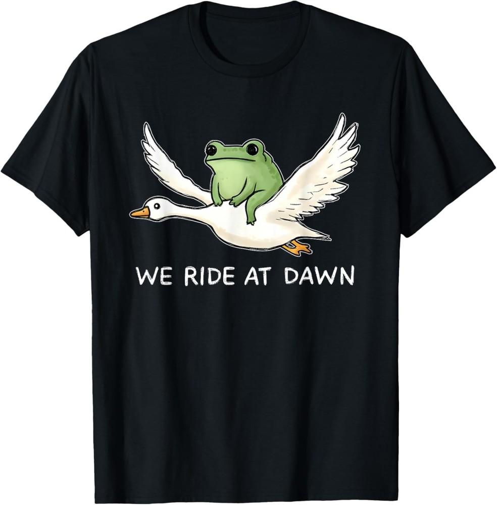 

We Ride at Dawn Funny Frog Riding Goose Chaotic Animal T-Shirt 2XL