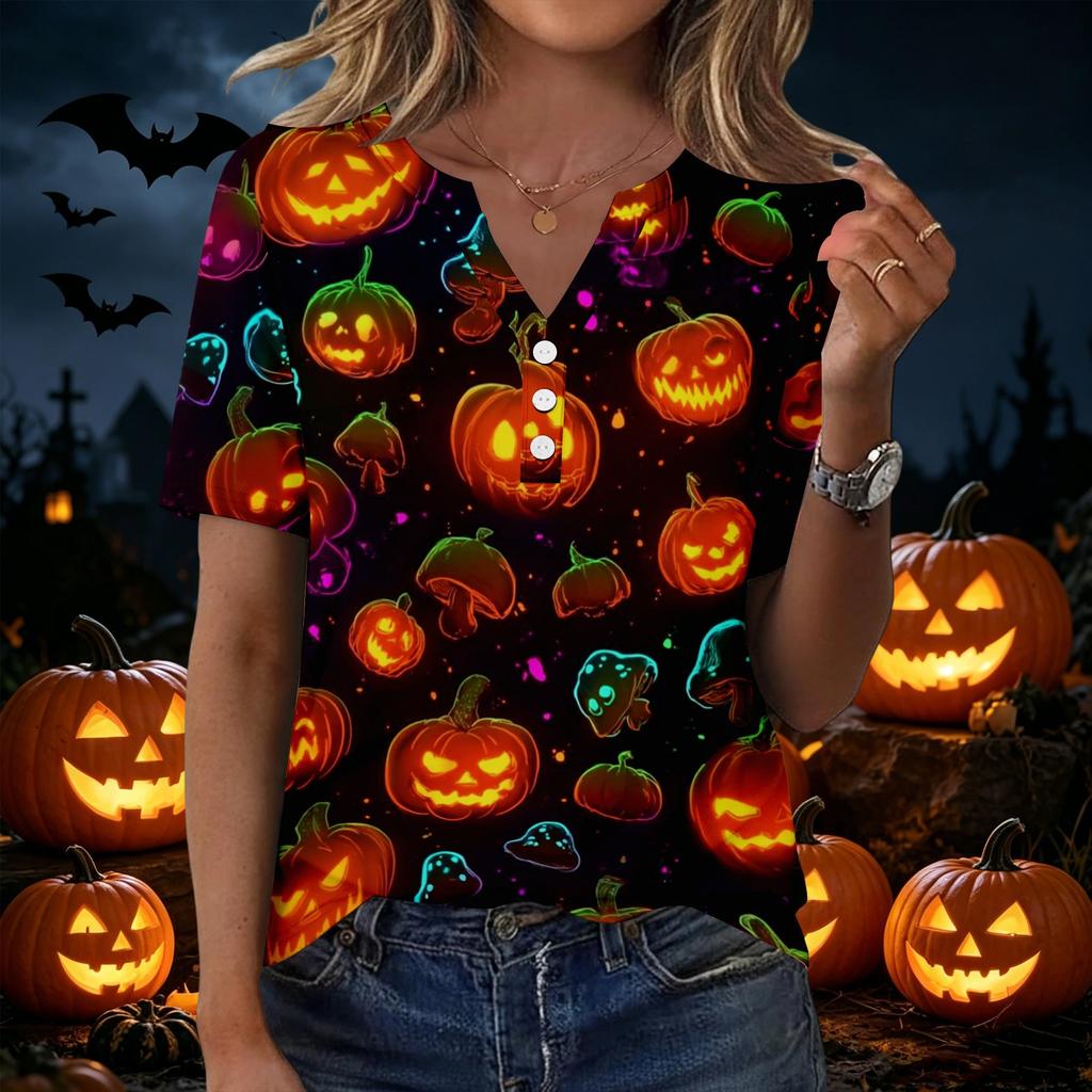 Women's Halloween Printed Loose Fit V Neck Short Sleeve Top with Pocket Casual Blouse for Seasonal Wear and Everyday Comfort