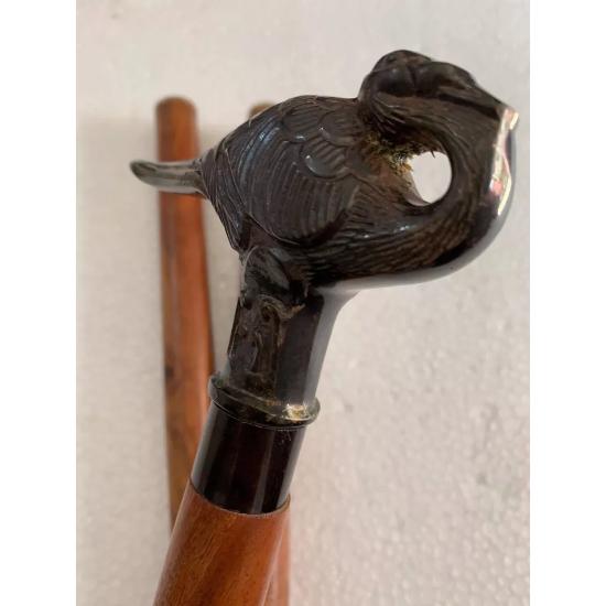 Antique Style Wooden Walking Stick Cane With Solid Brass Bird Victorian Handle