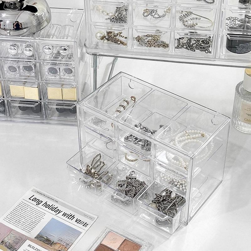 Transparent Jewelry Storage Box Organizer Table Drawer-Type Stackable Organizing Box 9 Grid Acrylic Display Jewelry Storage Rack