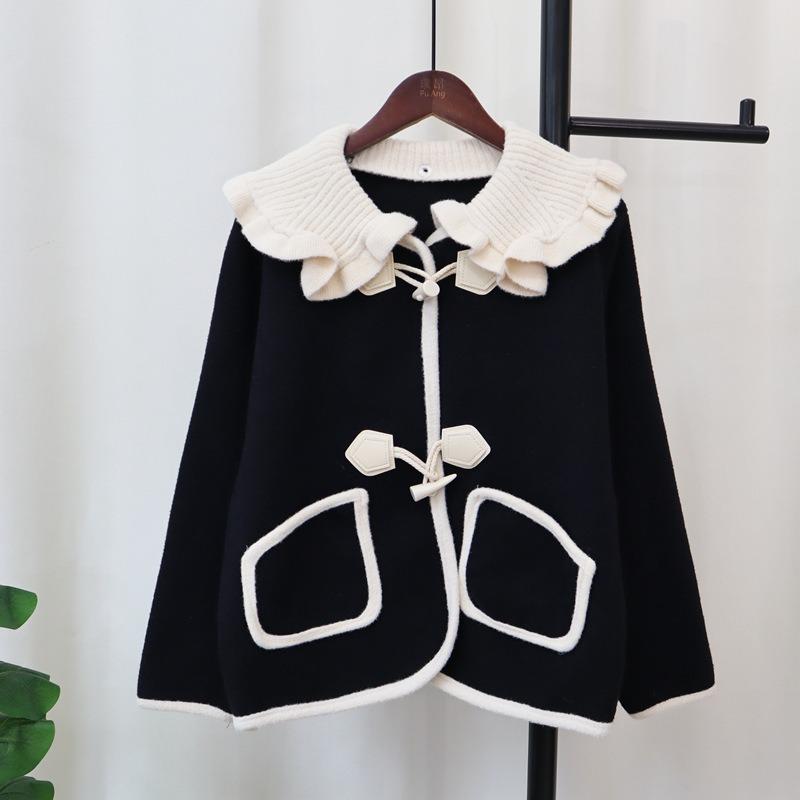 Removable collar horn buckle sweater jacket women's 2025 autumn and winter new sweet doll collar knitted double-sided woolen cardigan
