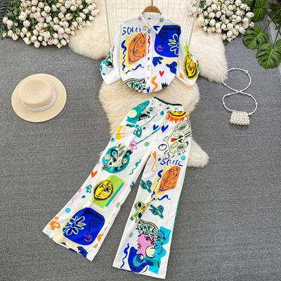 Fashion Set Casual Loose Print Imitation Silk Shirt Two Piece Set High Waist Wide Leg Pants Long Pants