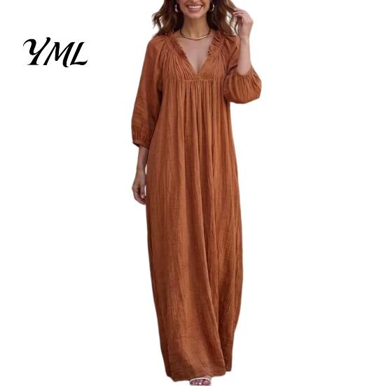 Long Sleeve Dresses Bohemian Ruffle V-Neck Dress, 3/4 Sleeves Maxi Dress for Loose Fit Women, Solid Color Casual Spring Fall Wear