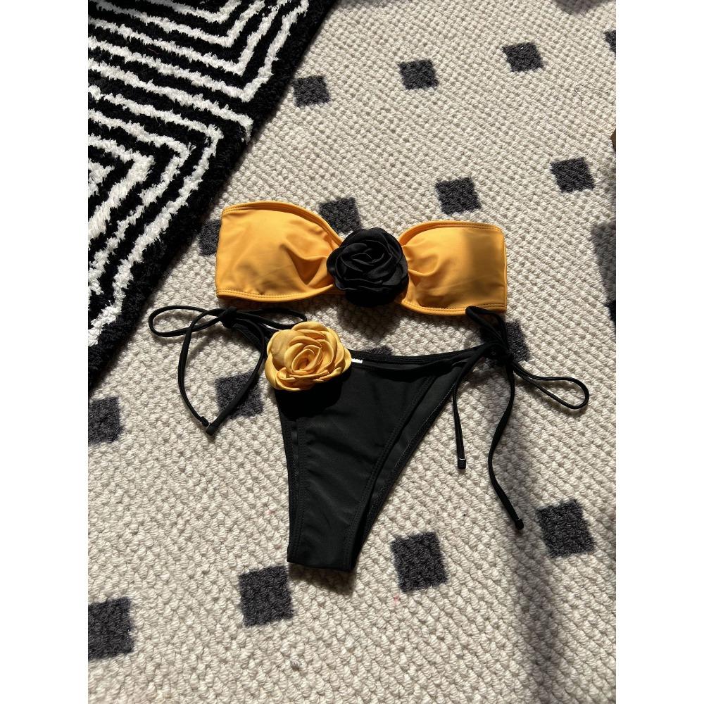 European and American Color Matching Rose Tube Top Lace-up Drawstring Strap Split Swimsuit Bikini