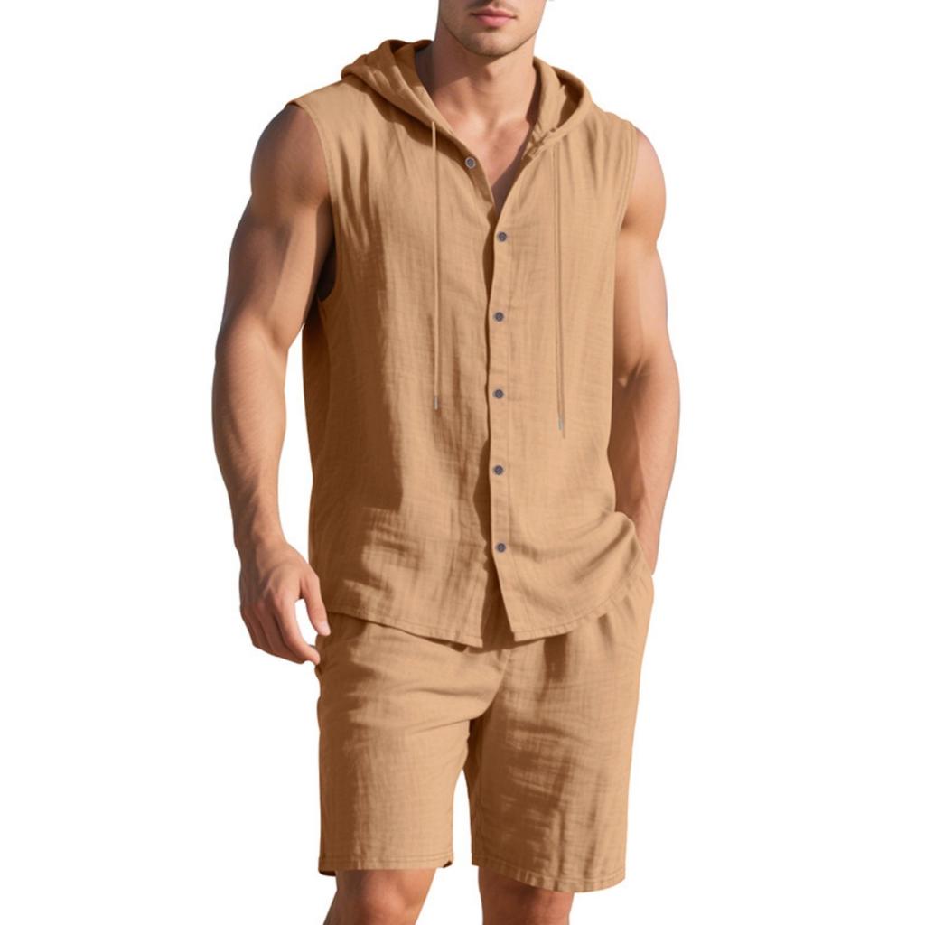 Men's Linen Set, Solid Color Lightweight Hooded Sleeveless Shirt And Elastic Waist Breathable Shorts, Two-piece Set, Men's Vacation Beach Set