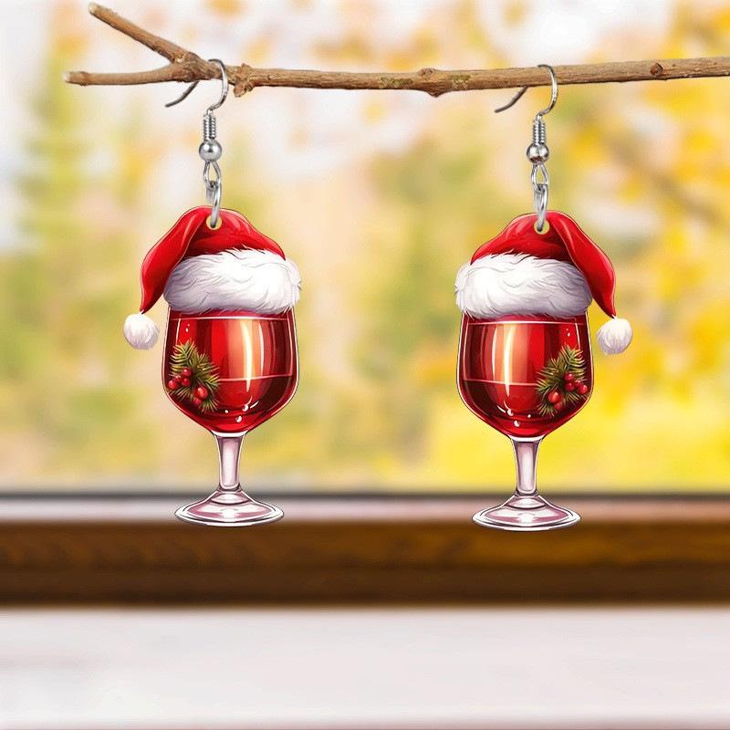 Wine Glass Christmas Hat Acrylic Earrings Suitable for Ladies Fashion Christmas Holiday Party Christmas Gifts