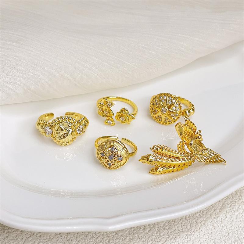 Medieval Style Flower Compass Open Ring Full Of Diamonds Zircon Court Style Retro Gold Phoenix Premium Ring