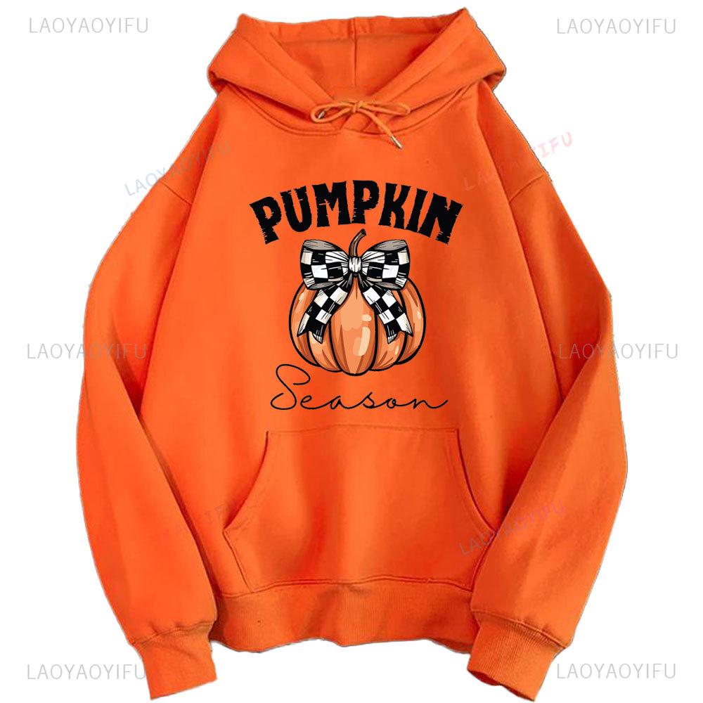 2024 Halloween Orange Hoodie Kawaii Halloween Pumpkin bowknot Women's Hoodie Harajuku Halloween Print Autumn Warm Unisex Hoodie
