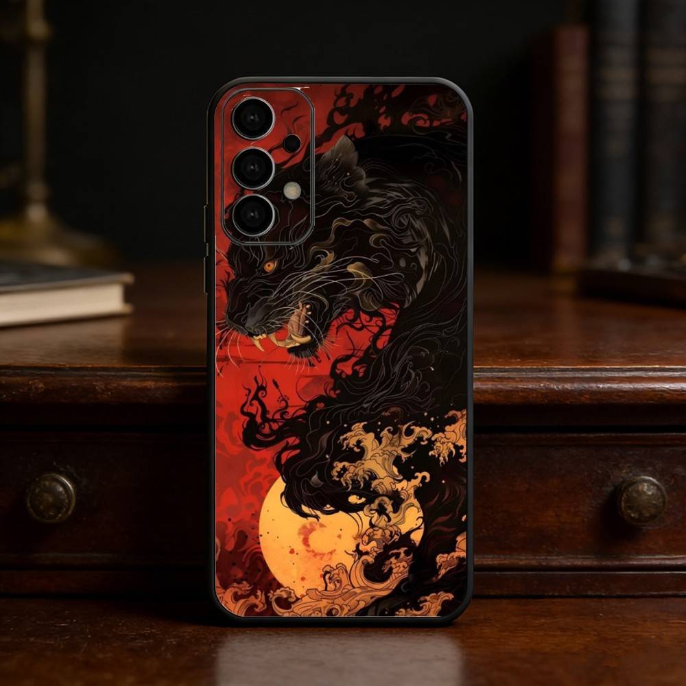Japanese Ukiyo-e Tiger Phone Case For Samsung S25,24,23,22,30,21,10,9,Ultra,Plus,Lite Soft Black Case