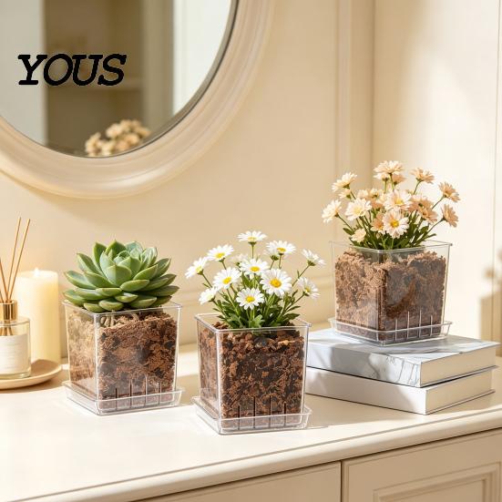 Orchid Planter for Phalaenopsis Clear with Saucer, Square Plant Pot Hydrophobic Succulents Drainage Holes, Transparent Flowerpot Phalaenopsis,