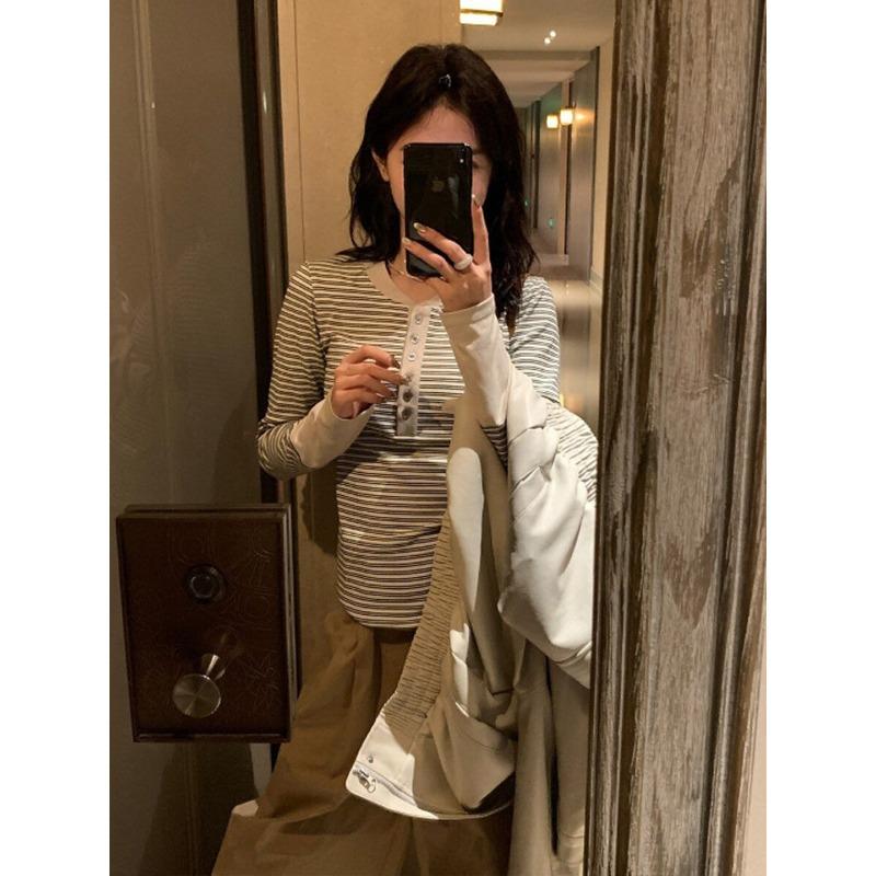 Color Matching Striped Button-up Henry Collar Bottoming Shirt Top Women's Autumn Front Shoulder Slim-fitting Long-sleeved Design Fashionable Shirt