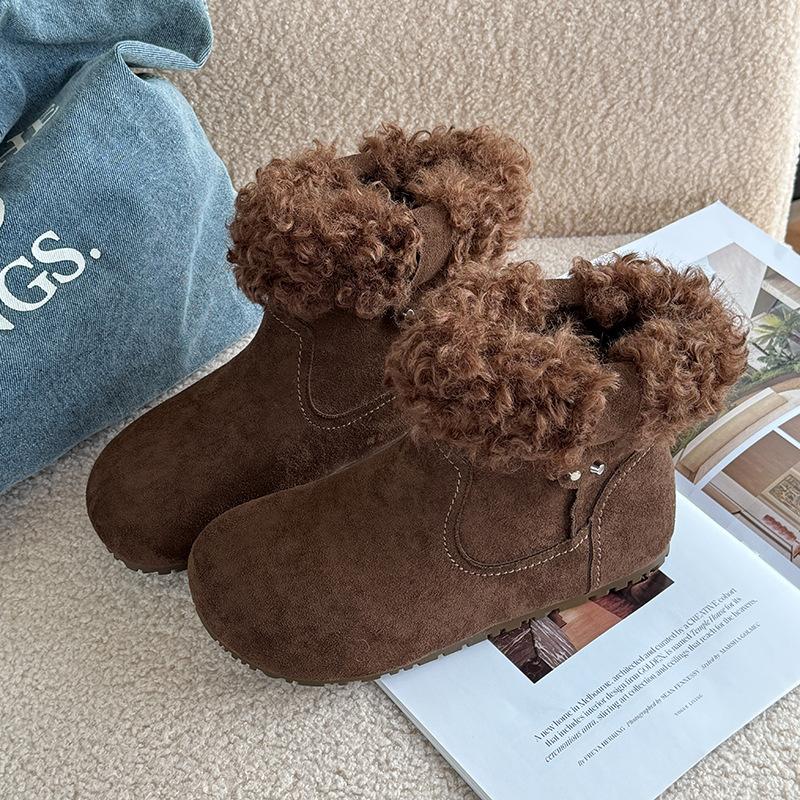 Boken boots women's 2026 winter round toe retro furry short boots flat cotton shoes warm furry snow boots