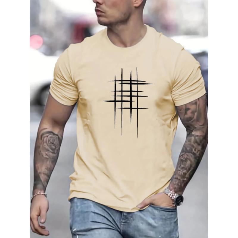 Summer Men's 100% Polyester Casual Loose Size Graphic Line Printed Neck Short-sleeved T-shirt Top