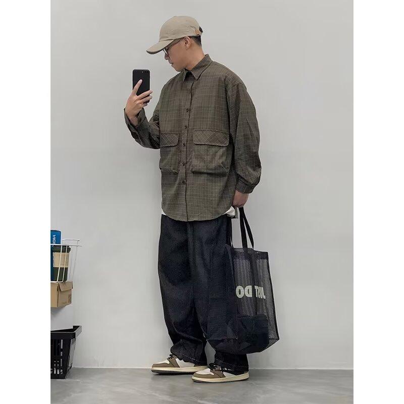 Japanese Spring and Autumn Large Pocket Plaid Long-Sleeved Shirt Fashion Brand Loose Couple Contrast Color Street Shirt Coat Men