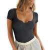 Women's Short Sleeves Ribbed Fitted Shirt Basic Notch Scoop V Neck Slim T Shirt Tops