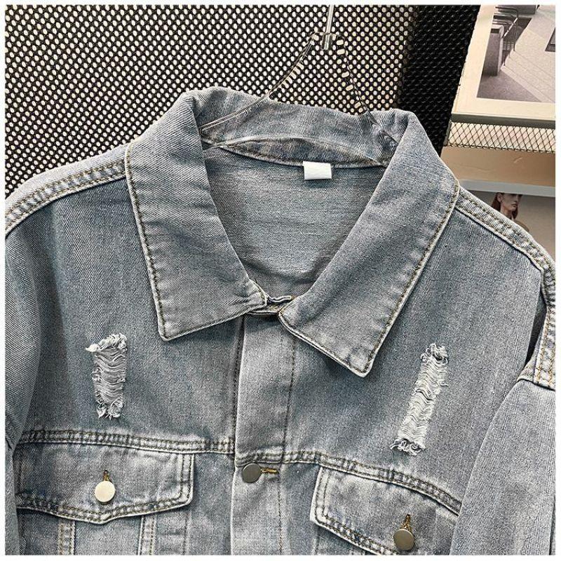 Korean Version of INS Spring and Autumn Letter Print Ripped Denim Jacket Men's American Street Tide Brand Ruffian Handsome Loose Top