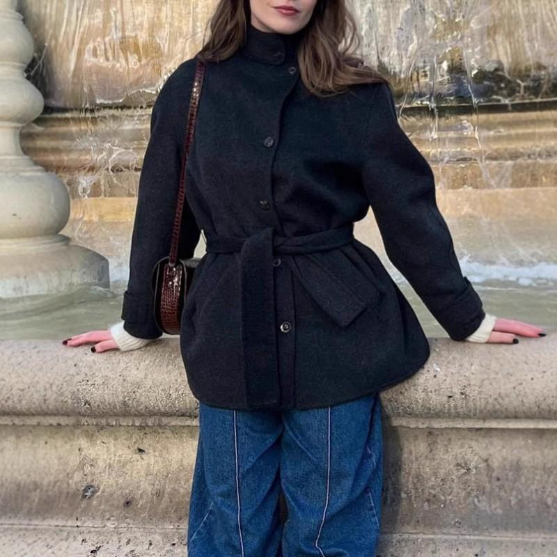 Womens Wool Blend Coat Winter Solid Color Half Turtleneck Belted Outerwear Street Style Regular Fit