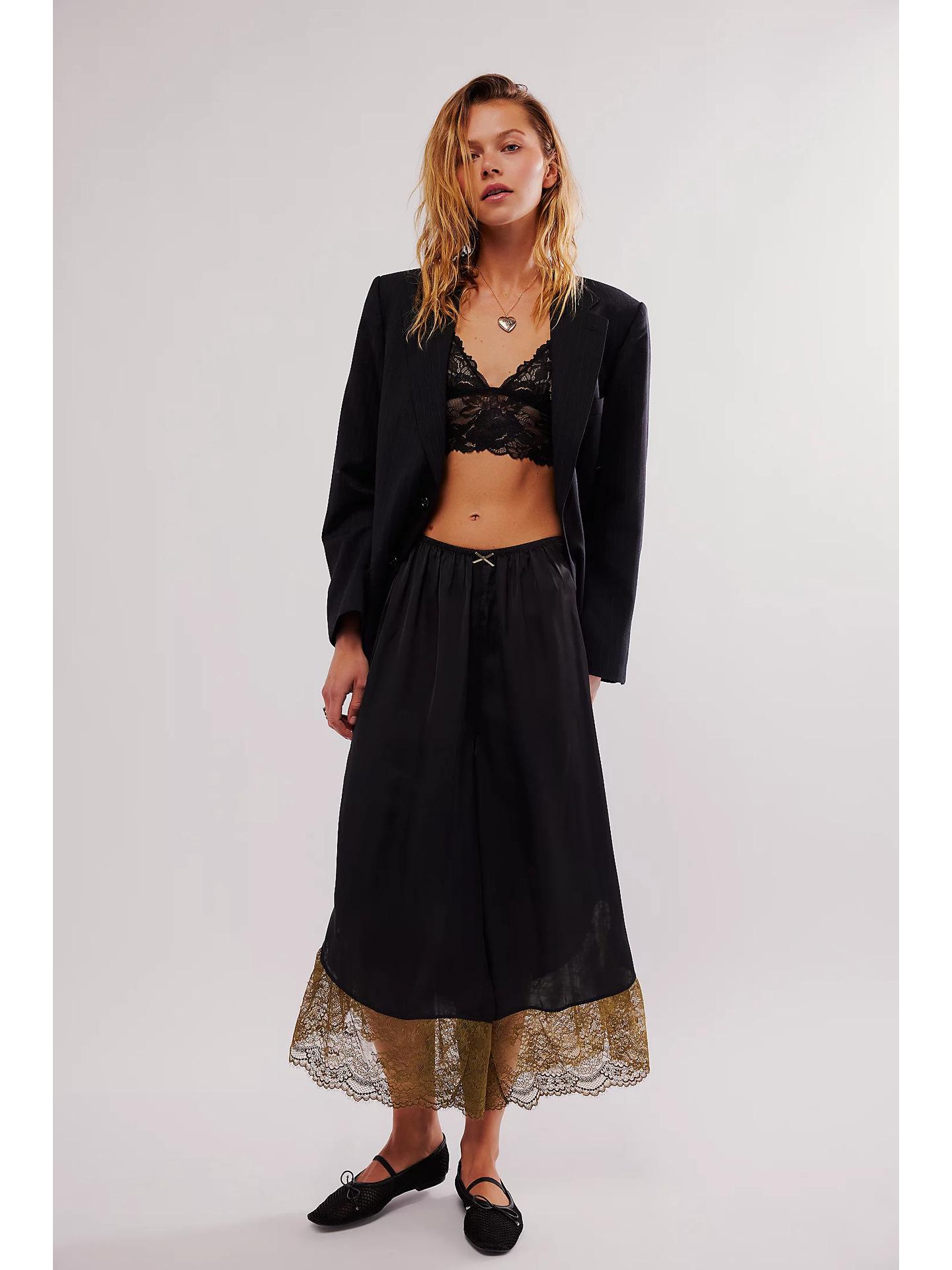 European and American Lace Satin Patchwork Wide-Leg Casual Women s Trousers - Elegant and Comfortable 2026 Style Medium чёрный