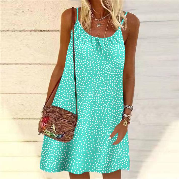 Women Flower Circular Dots Printed Mini Dress Sleeveless Party Dress Summer Beach Dress Sundress