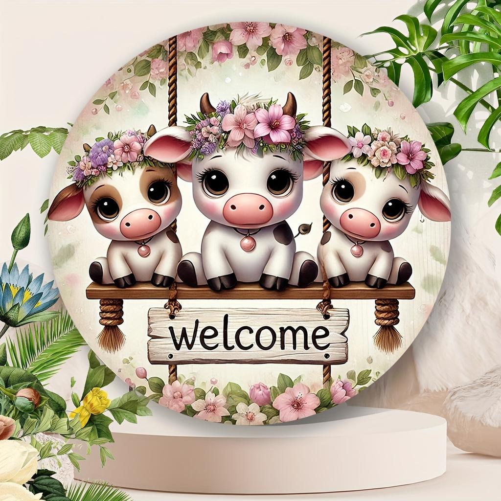 D Flat  pc D Flat Round Sign Featuring a Cat Design with Pink Flowers Perfect for Serene Rustic Wall Decoration This Met